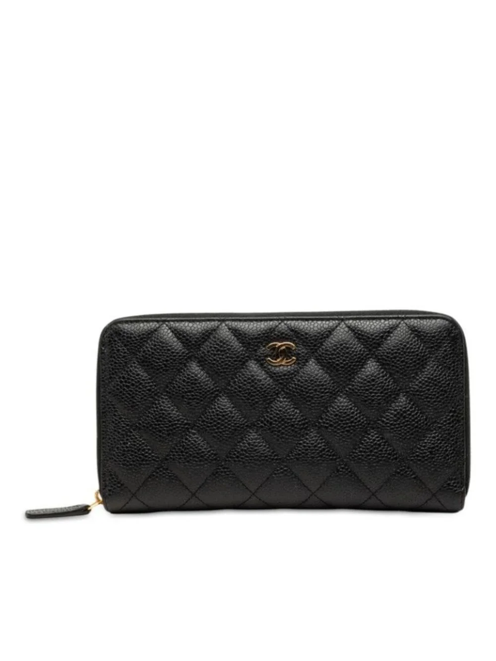 Chanel Quilted CC Logo Zip Around Wallet Black Bordeaux Caviar Leather